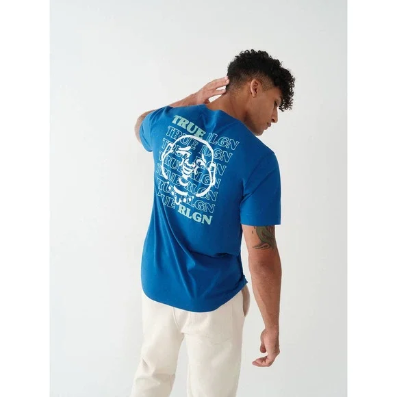 True Religion Men's Repeat TR Buddha Graphic Logo Tee T-Shirt Lake Blue